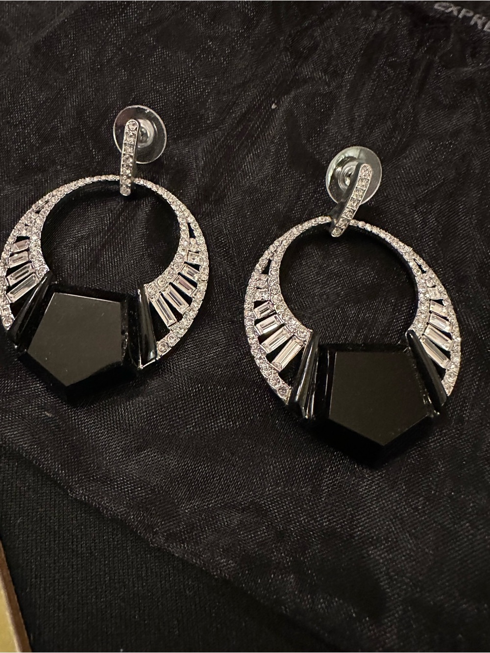 Elegant Black Crystal Hoop Drop Earrings - Unbranded